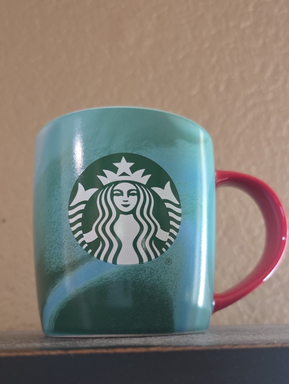 Starbucks Teal Ombre Ceramic Mug with Red Handle